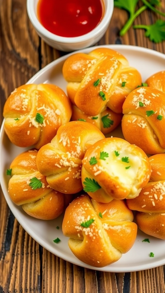 Garlic Parmesan Knots Recipe Golden brown garlic parmesan knots on a plate, garnished with parsley and served with marinara sauce.